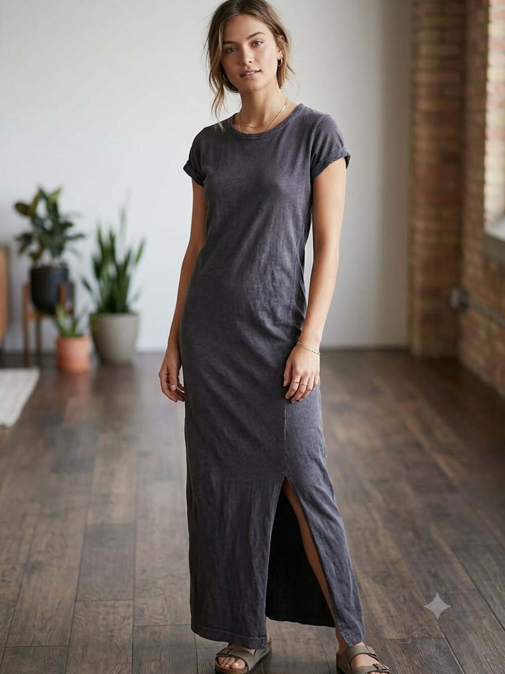 ARTISAN NY Women's Charcoal Grey Cotton T-Shirt Maxi Dress with Slit
